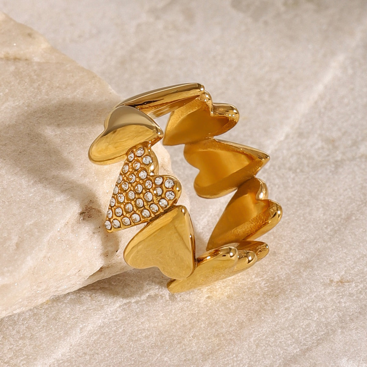 18K Gold & Rhinestone Geometric Heart Ring - Damned Threads