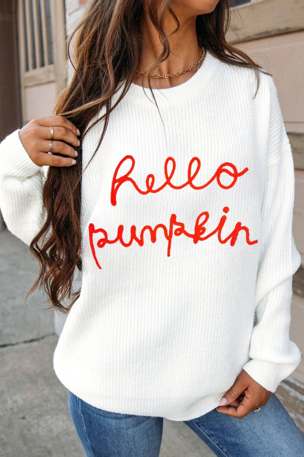 HELLO PUMPKIN Round Neck Long Sleeve Sweater - Damned Threads