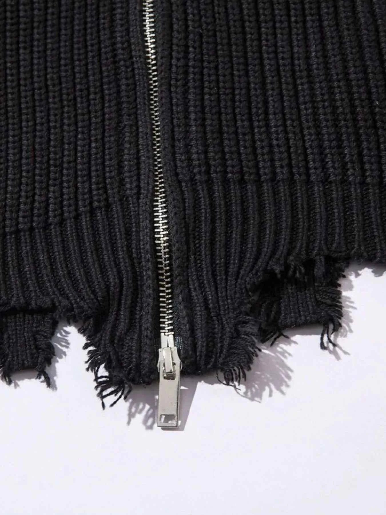 Men's Distressed Hem Ribbed Knit Zip-Up Cardigan