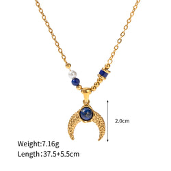 Inlaid Pearl Lapis Lazuli Horn Pendant Necklace - Damned Threads
