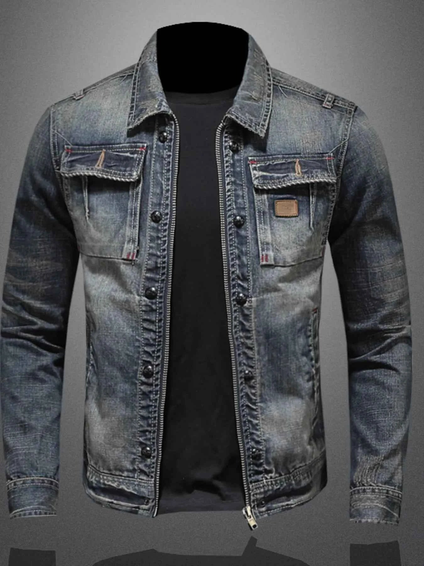 Men's Plus Size Washed Zip Up Denim Jacket with Chest Pockets