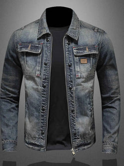 Men's Plus Size Washed Zip Up Denim Jacket with Chest Pockets
