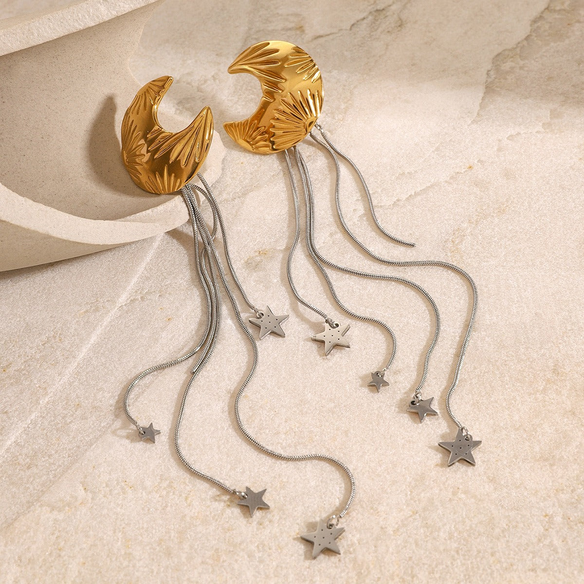 18K Gold Moon & Star Earrings With Star Tassels - Damned Threads