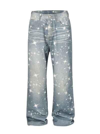 Washed Rhinestone Star Print Jeans - Damned Threads