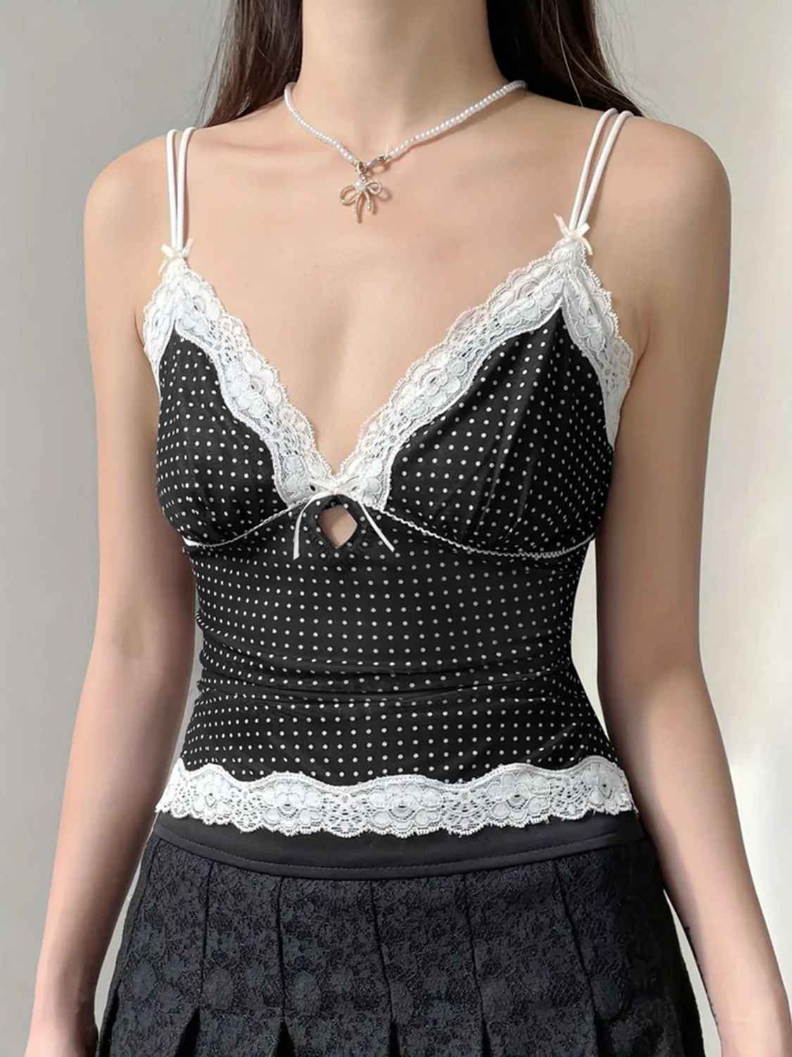 Devine Lace Detail Polka Dot V-Neck Cami - Damned Threads