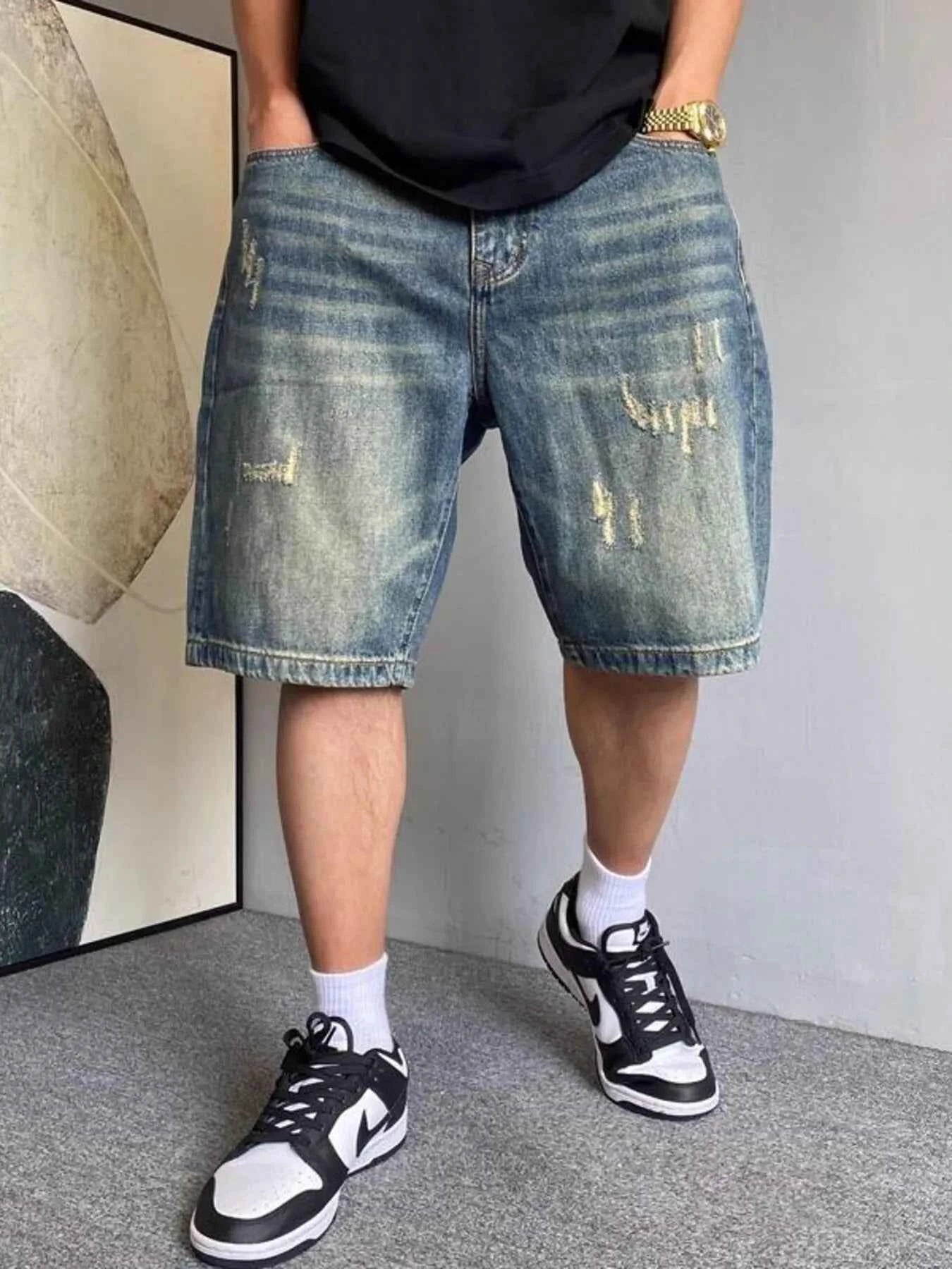 Men's Vintage Washed Distressed Denim Shorts