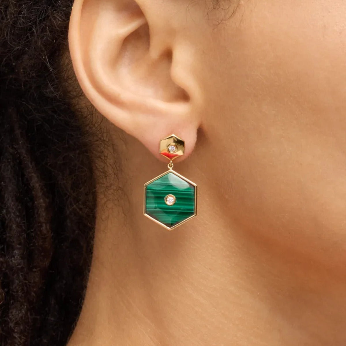 18K Gold Hexagonal Inlaid Stone Earrings - Damned Threads