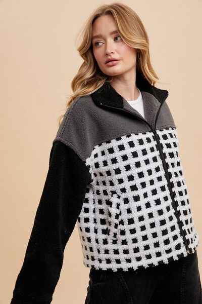 Annie Wear Plaid Zip Up Drop Shoulder Sherpa Jacket - Damned Threads