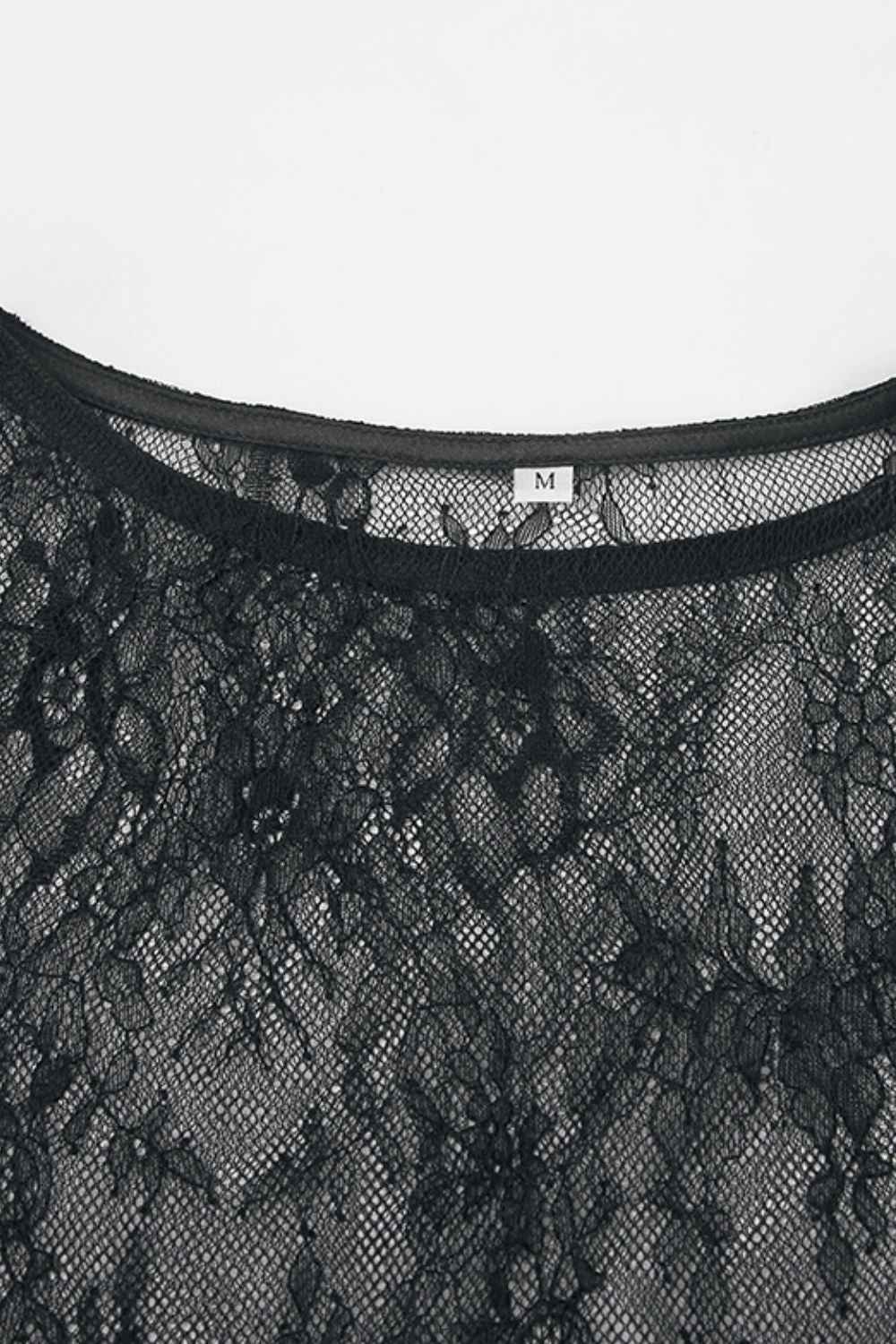 Fringe Round Neck Long Sleeve Lace Sheer Top - Damned Threads