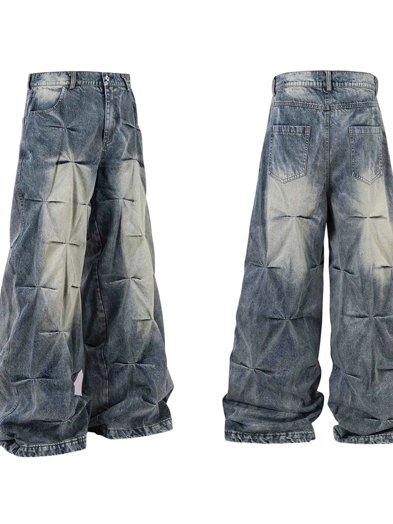 Men's Washed Wide Leg Pleated Jeans